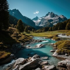 Naklejka na ściany i meble A scenic background showcasing the mountainous landscapes, lakes, and rivers of Switzerland.