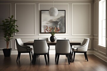 Dining room scene with a sleek dining table and chairs, emphasizing simplicity and elegant design