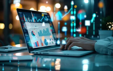 Business finance data analytics graph chart report, man using laptop hand typing investment data