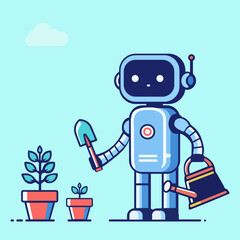 robot helping home gardening with watering can and small garden trowel, shovel tool equipment in hand flower pot, robotic doing housework, housekeeping. cartoon ai character growing plant as farmers