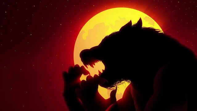 Motion graphics of a werewolf lurking in the dark during full moon
