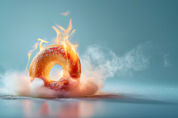 Burning sweet donut, doughnut on fire. Hot baked roll in flames, junk food, burning calories, weight loss and healthy diet concept. Burn fat, fit motivation, discipline, regime, healthy food choices