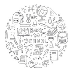 School doodle set different objects. Round line concept for back to school. Hand drawn school supplies. Sketch icon set. Good for wrapping paper, stationery, scrapbooking, wallpaper, textile prints