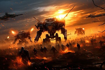 Military silhouettes fighting scene on war fog sky background, War Concept, Soldiers Silhouettes Below Cloudy Skyline at sunset,  Attack scene, giant robots vs cyborgs, gaming art. - obrazy, fototapety, plakaty