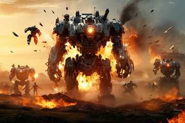 Futuristic battle scene with flying robots and soldiers, Science fiction space battle, fierce war on alien ruins, apocalyptic destruction scene, 3D render.