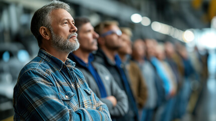A group of senior workers stands in the automobiles assembly line and listens attentively to the speaker. Election marathon, future presidential elections