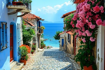 Mediterranean seaside village with cobblestone streets and blue waters