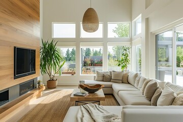 Fototapeta premium Minimalist living room design with natural light and clean lines
