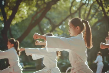 Afwasbaar fotobehang Park Prowess: Teenage Girls Excelling in Karate Techniques © Andrii 