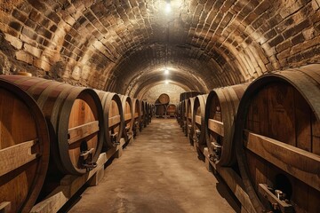 Rustic wine cellar with barrel tasting and vineyard history