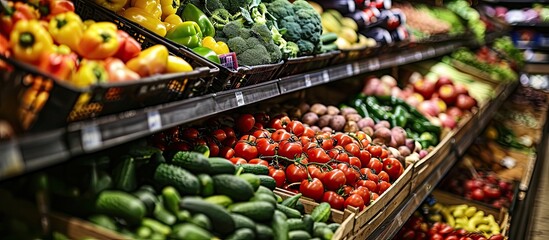 Still life shot of the fruit and vegetable aisle in a local grocery store Assortment of fresh organic produce in a supermarket. Copy space image. Place for adding text