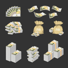 Bulgarian Lev Vector Illustration. Huge packs of Bulgaria money set bundle banknotes. Bundle with cash bills. Deposit, wealth, accumulation and inheritance. Falling money 10 BGN