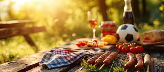 Picnic on a meadow with bratwurst on flaming grill and a soccer ball. Copy space image. Place for adding text - obrazy, fototapety, plakaty