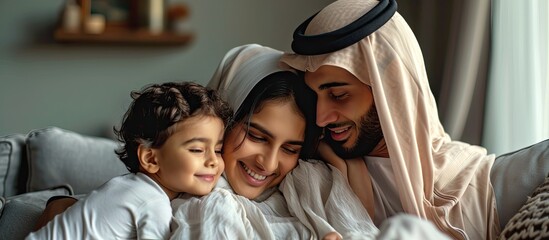happy family spending time together Arabian parents and kid lifestyle moments at home. Copy space image. Place for adding text
