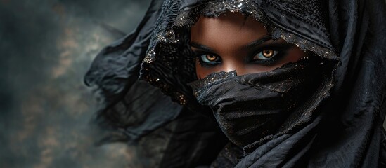 attractive girl in the image of the sorceress in a black cassock with a mask on his face directly looking into the camera. Copy space image. Place for adding text - obrazy, fototapety, plakaty