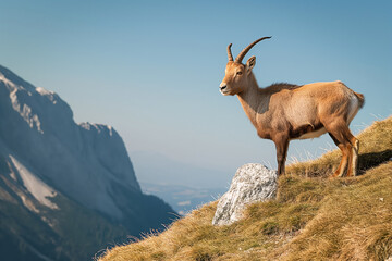 Naklejka na ściany i meble A majestic ibex gazes over a vast valley, representing wilderness, survival, and natural beauty.