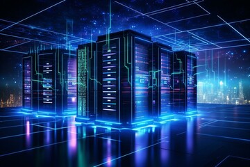 Illuminated data center with computers, data processing and server racks. Generative AI