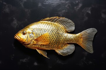 Golden tilapia on marble, top view, black background. Generative AI