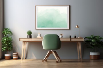 Stylish office space with a framed mockup on the wall, featuring a modern desk and ergonomic chair
