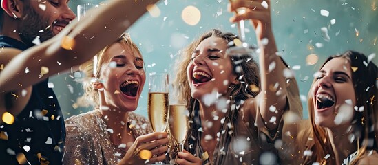 A happy group of friends drinking champagne together. Copy space image. Place for adding text