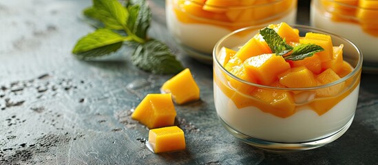 Mango Sago is a refreshing and satisfying summer dessert with juicy chunks of mango and a mango tapioca pearl and mango pudding in a milk or coconut milk infused creamy. Copy space image - obrazy, fototapety, plakaty