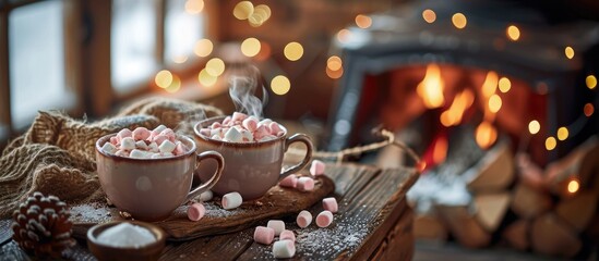 Close up of two cups of hot chocolate with marshmallows and open fire in fireplace copy space Relaxation lifestyle winter warmth and domestic life. Copy space image. Place for adding text - obrazy, fototapety, plakaty