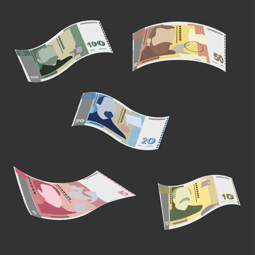 Bulgarian Lev Vector Illustration. Bulgaria money set bundle banknotes. Money bag 5, 10, 20, 50, 100 BGN. Flat style. Isolated on white background. Simple minimal design.