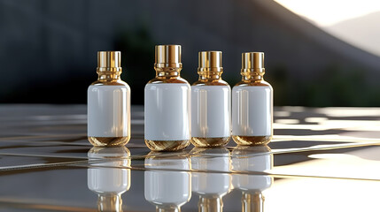 white cosmetic bottles with golden caps stand on wet floor with reflection