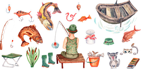 Collection of 20 elements of fishing gear. Drawn with watercolors. You can create patterns, cards and drawings yourself - obrazy, fototapety, plakaty