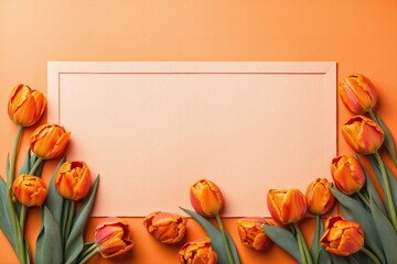 frame with tulips on orange background with copy space, spring bloom, flower banner
