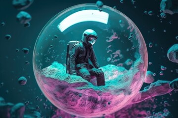 Fototapeta na wymiar A solitary figure encapsulated in a transparent bubble, surrounded by the tranquil blue waters of an aquarium