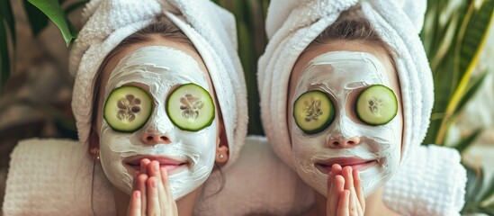 Positive mother and daughter doing face mask applying pieces of cucumber to their eyes wrapped in a white bath towel Facial skin care cosmetology and spa Long banner format space for text