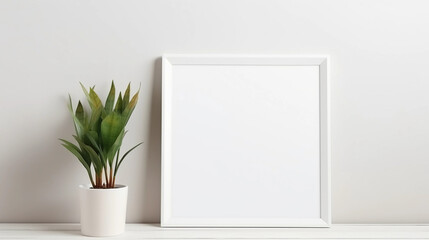 Blank white frame with plant pot isolated mock up on white background 