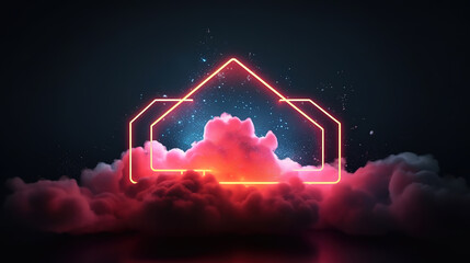 Square frame glowing frame with neon light in the sky with cloud and mountain