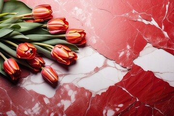 orange tulips on marble background with copy space, spring flowers banner
