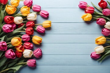 tulips on wooden background with copy space, spring flowers banner