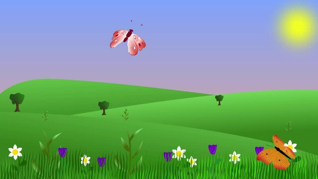 Spring environment 2d animation flat design background, nature field with butterflies