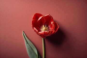 tulip bloom on red background with copy space