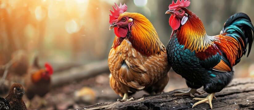 Birds brima respect curiosity of chickens. Copy space image. Place for adding text