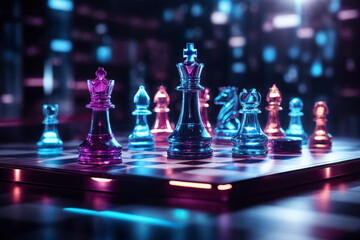 Chess, a futuristic holographic chessboard in a sleek, minimalist environment with neon lights generated with AI