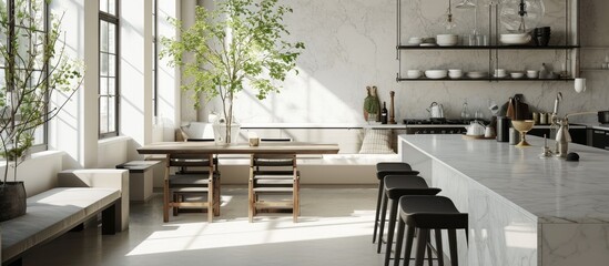 Elegant modern farmhouse interior kitchen dining with bar white marble charcoal grey chairs bar stools and decor. Copy space image. Place for adding text - obrazy, fototapety, plakaty