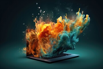 A fiery masterpiece erupts from the screen of a laptop, blurring the lines between technology and art