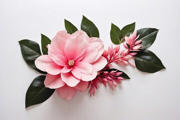 tropical pink flowers with leaves on white background with copy space