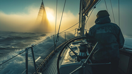 A visually rich photograph featuring a sailor navigating through a misty morning at sea, with the helm illuminated by soft sunlight, creating an atmospheric and contemplative scene