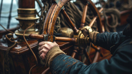 A close-up shot of a sailor's hands expertly steering the ship's wheel, with the intricate details of navigation equipment and nautical instruments in the background, creating a vi - obrazy, fototapety, plakaty