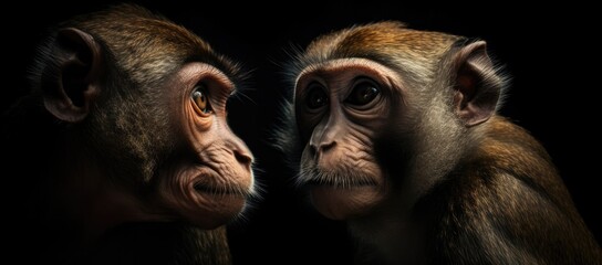Intense gaze between two macaques, their snouts inches apart, captures the wild beauty of these intelligent primates