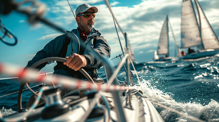 An immersive photograph capturing a sailor steering a sleek yacht through a regatta, with other boats in the background and the sailor's focused expression highlighting the competi - obrazy, fototapety, plakaty