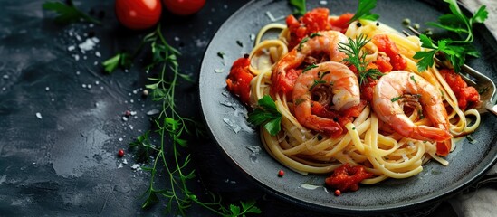 Linguine pasta with prawns in tomato and garlic sauce. Copy space image. Place for adding text