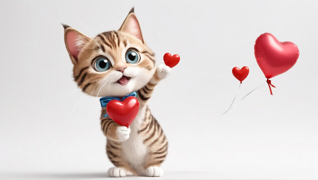 Cartoon Lynx Cub Plays Happily With Balloons.