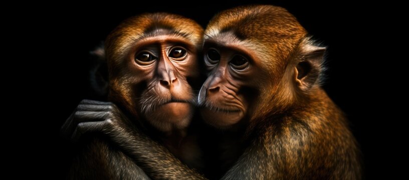 A heartwarming display of primate affection as two furry macaques embrace in a tender hug, showcasing the beauty and bond of wildlife